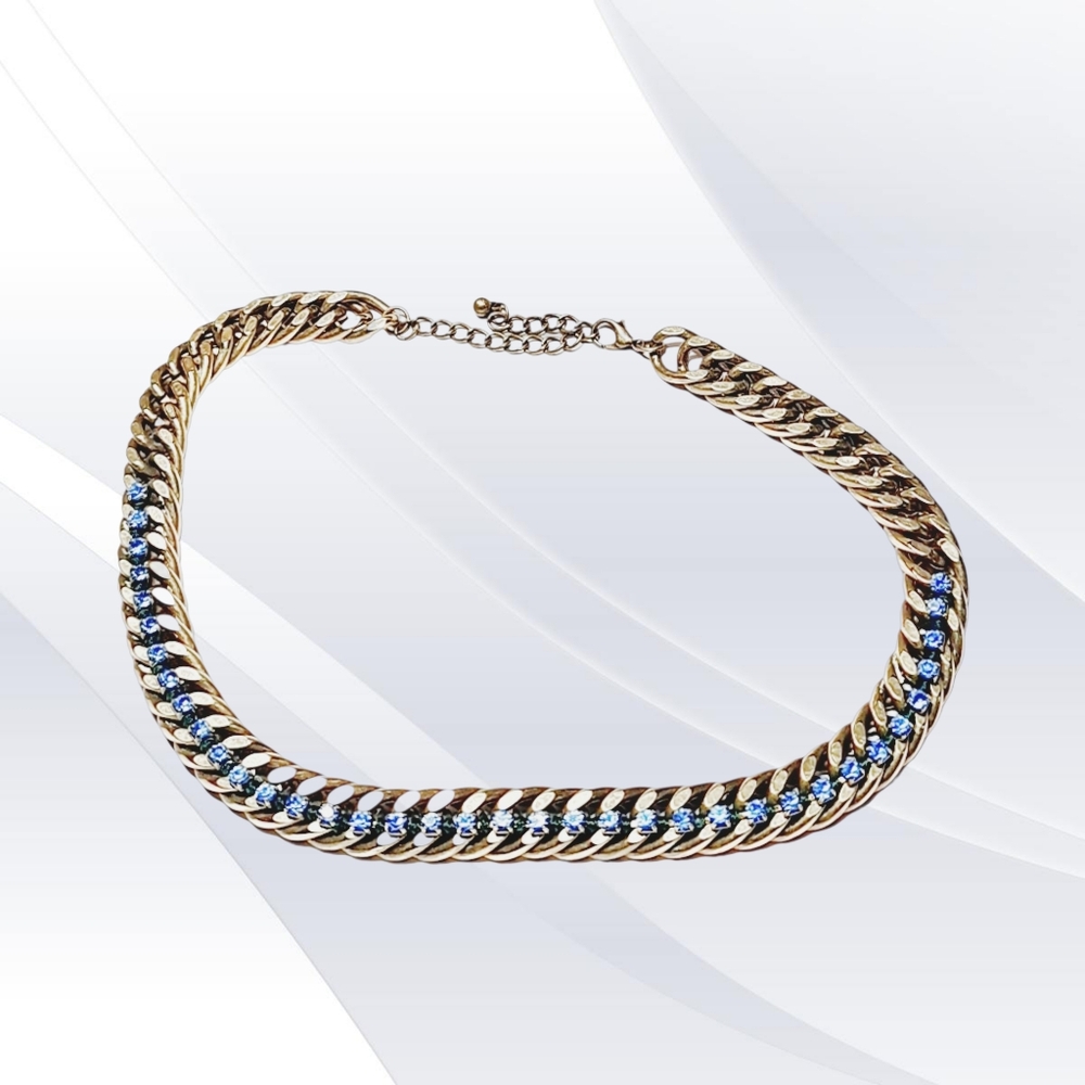 Solid Brass Chain Link Statement Choker With Blue… - image 2